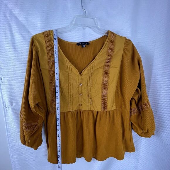 Zac & Rachel Womens V-Neck Button Down Lace Babydoll Blouse Top Mustard Size XL - Picture 6 of 10